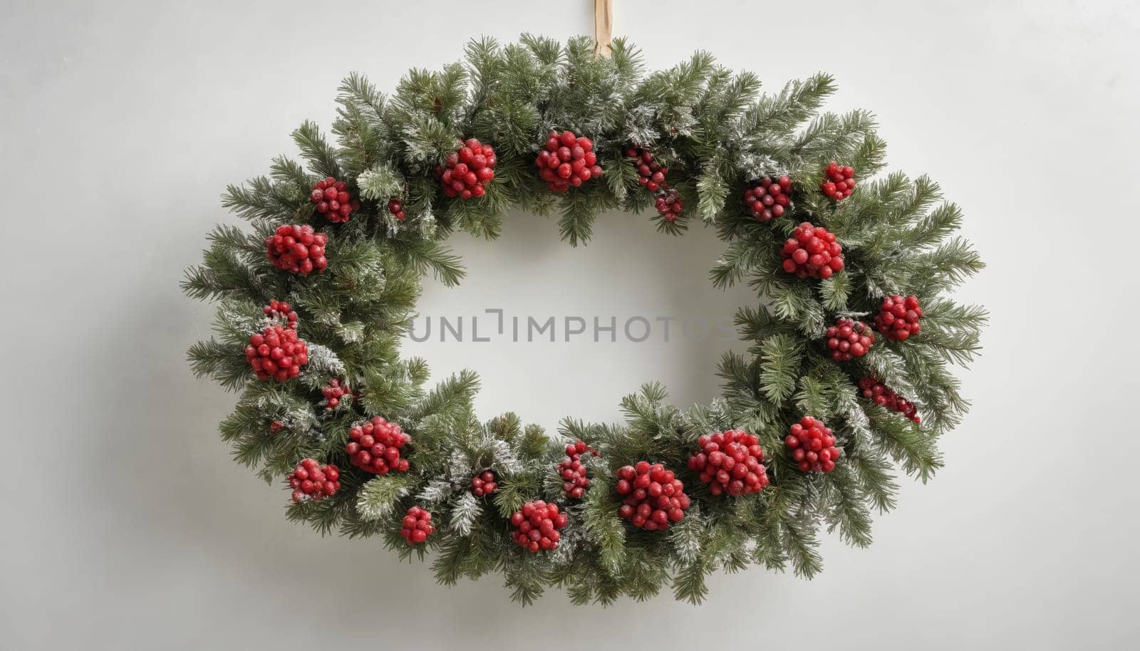 This decorative wreath features lush green foliage with a frosty touch, beautifully accented by vibrant red berries, perfect for winter celebrations.