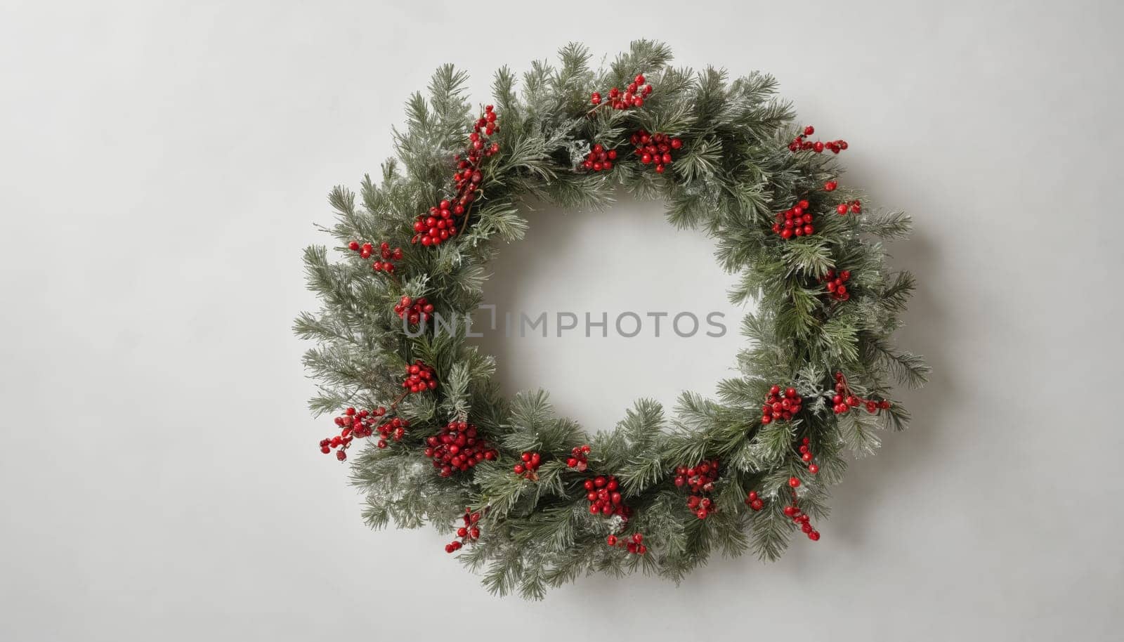 This decorative wreath features lush green foliage with a frosty touch, beautifully accented by vibrant red berries, perfect for winter celebrations.