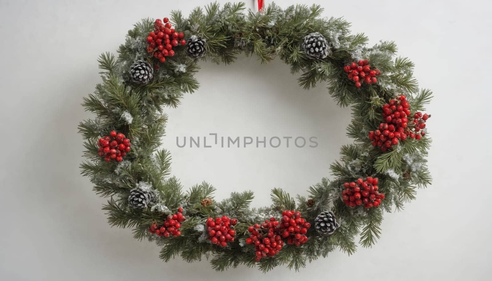 An elegant oval wreath showcases lush greenery dusted with frost, accented by bright red berries that evoke the spirit of the holiday season.
