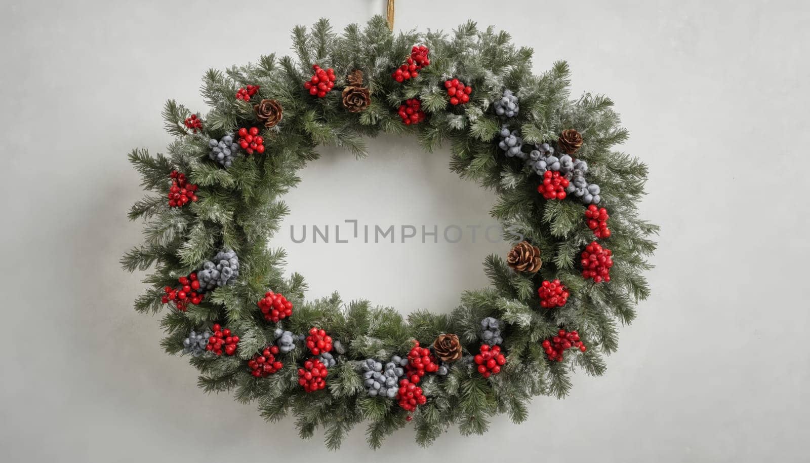 An elegant oval wreath showcases lush greenery dusted with frost, accented by bright red berries that evoke the spirit of the holiday season.