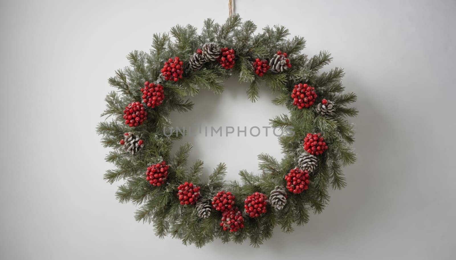 Festive wreath hangs gracefully on a wall, showcasing a blend of green foliage, vibrant red berries, and rustic pinecones, embodying the spirit of the holidays.