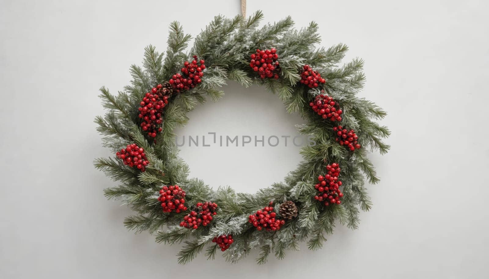 Festive wreath hangs gracefully on a wall, showcasing a blend of green foliage, vibrant red berries, and rustic pinecones, embodying the spirit of the holidays.