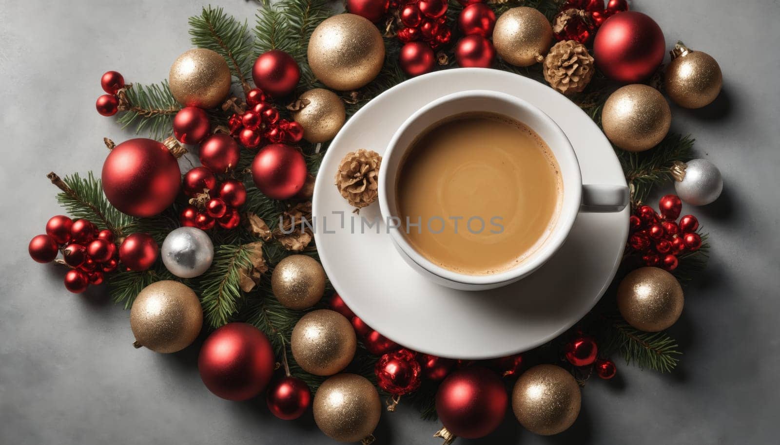 A warm cup of coffee sits elegantly on a white saucer, embraced by vibrant red and gold ornaments nestled among lush evergreen branches, evoking a festive atmosphere.
