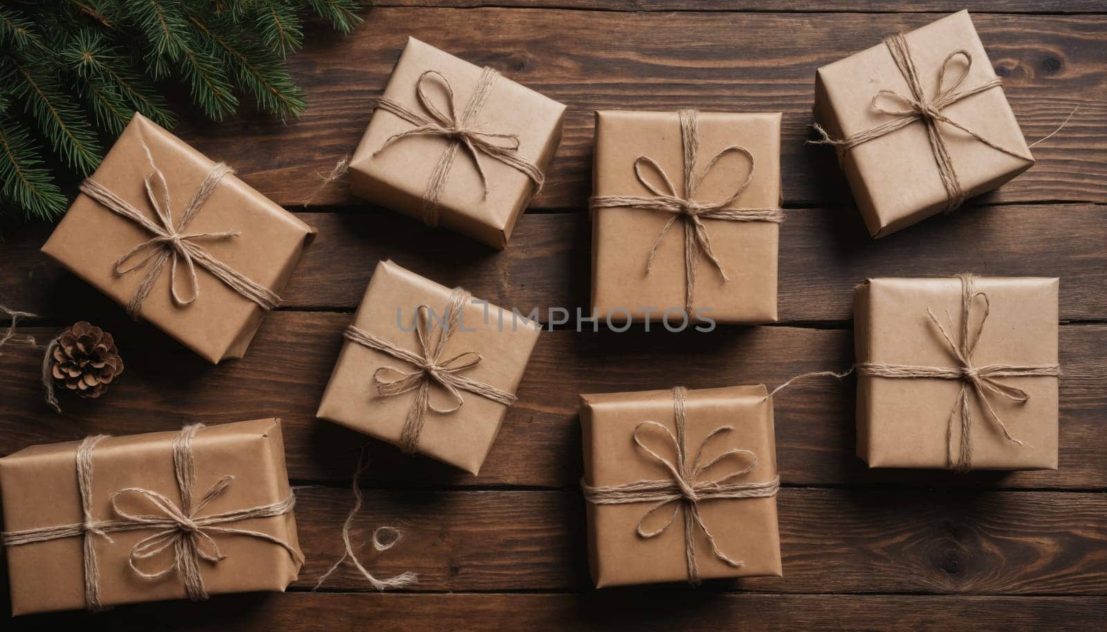 Decorated with natural elements, the neatly tied gifts rest on a textured wooden surface, evoking warm seasonal feelings and holiday joy.
