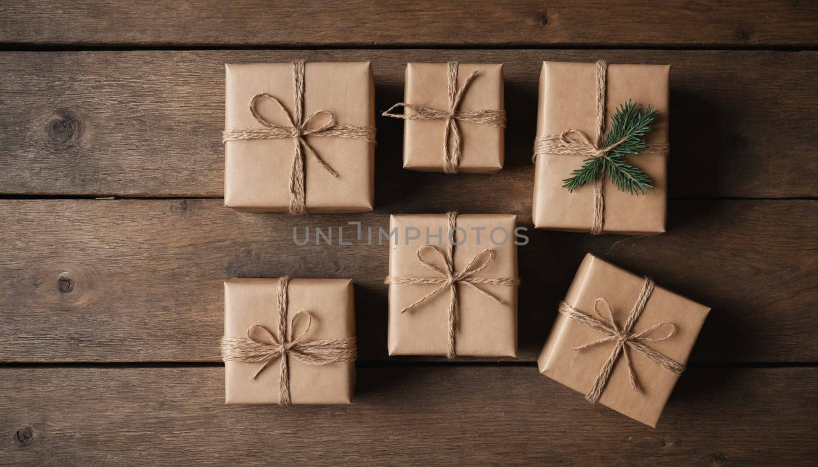 A collection of beautifully wrapped gift boxes in various sizes is elegantly displayed on a rustic wooden surface, exuding a cozy charm perfect for special occasions.