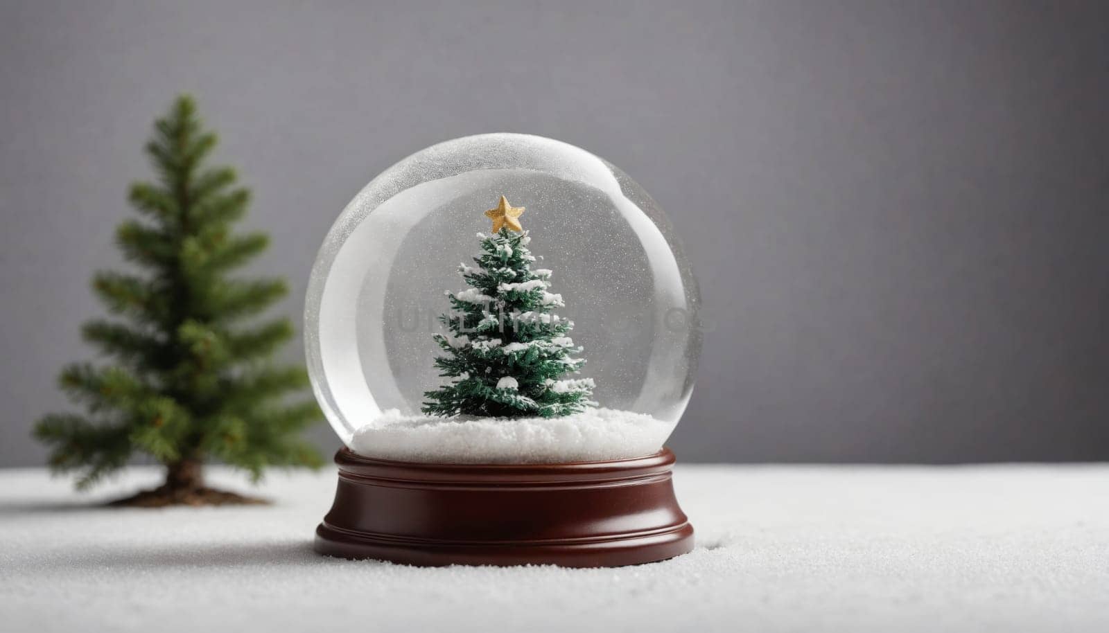 A charming snow globe showcases a miniature Christmas tree adorned with a golden star, sitting on a bed of fluffy snow, radiating festive warmth and joy.