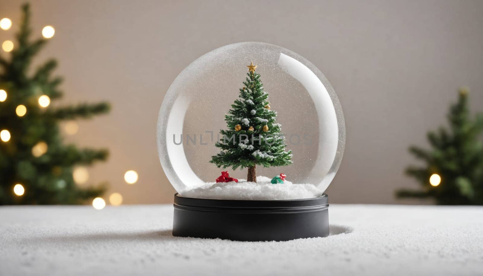 A charming snow globe showcases a miniature Christmas tree adorned with a golden star, sitting on a bed of fluffy snow, radiating festive warmth and joy.
