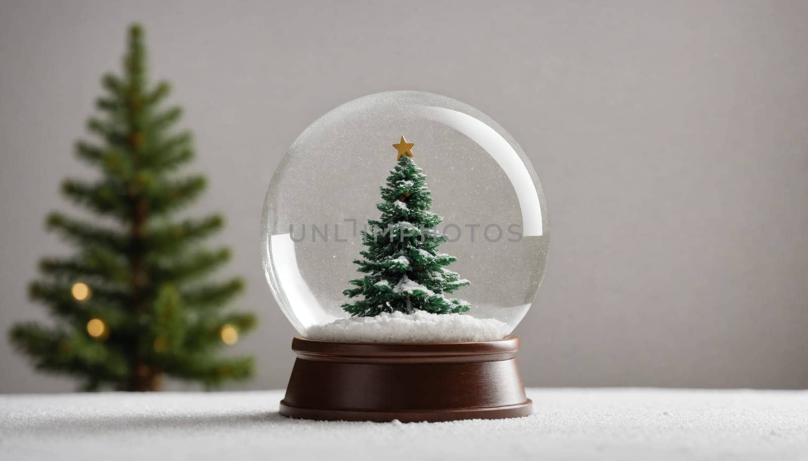 This delightful scene features a snow globe showcasing a small, beautifully decorated Christmas tree. Surrounding it is a soft layer of snow, enhancing the festive atmosphere.