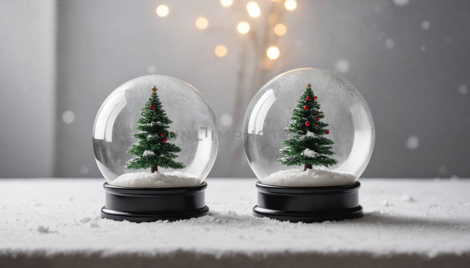 Two elegant snow globes showcase miniature Christmas trees decorated with bright ornaments, resting on a snowy surface, illuminated by warm, twinkling lights.