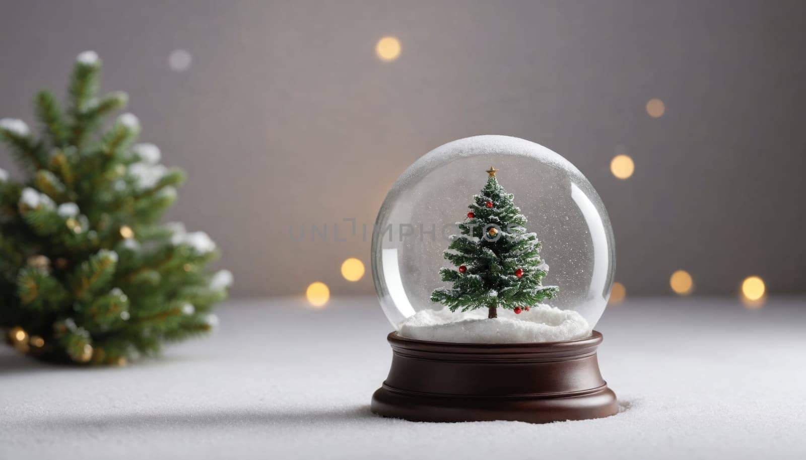 This delightful scene features a snow globe showcasing a small, beautifully decorated Christmas tree. Surrounding it is a soft layer of snow, enhancing the festive atmosphere.