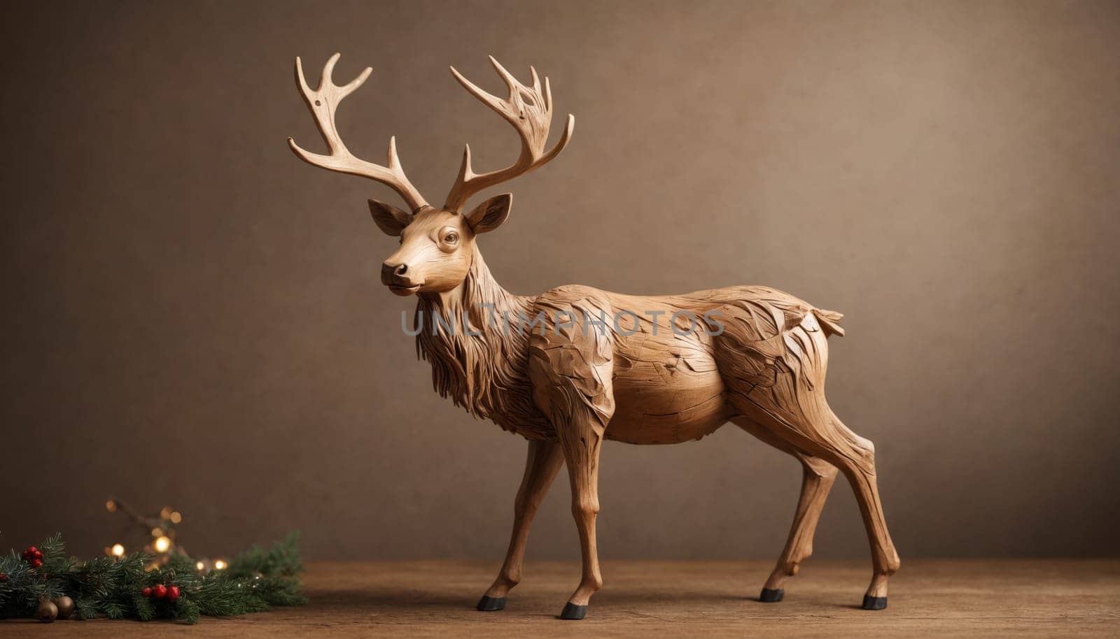 A masterfully crafted wooden stag stands gracefully, its geometric design highlighting the beauty of natural materials while adding a touch of artistry to the room.