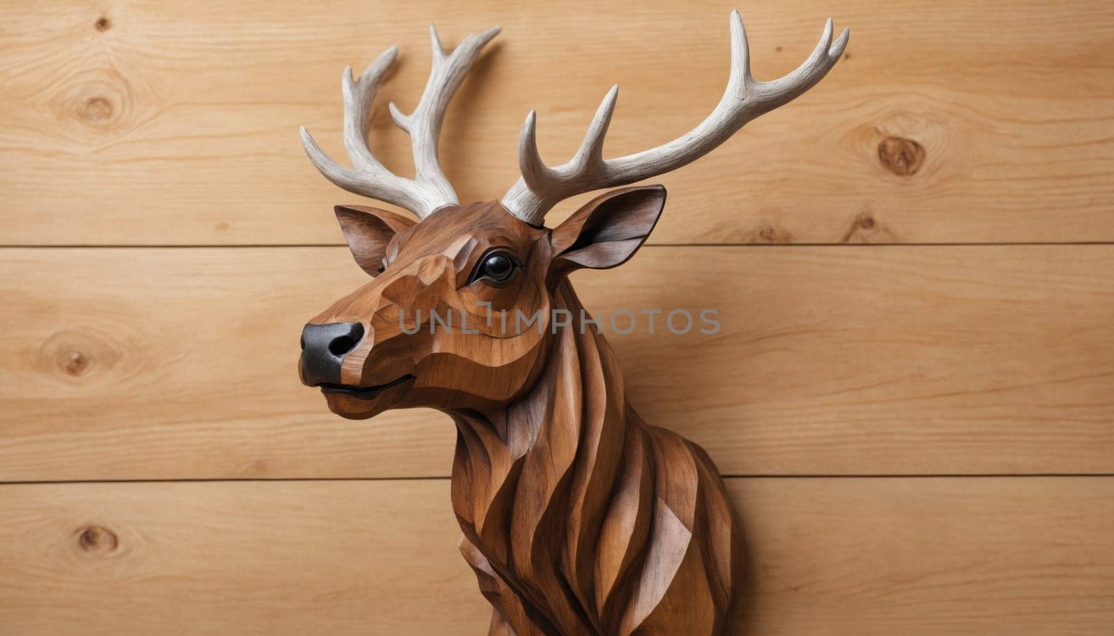 This intricately carved wooden deer head brings a touch of nature indoors, showcasing exceptional craftsmanship and the natural beauty of wood against a warm wall.