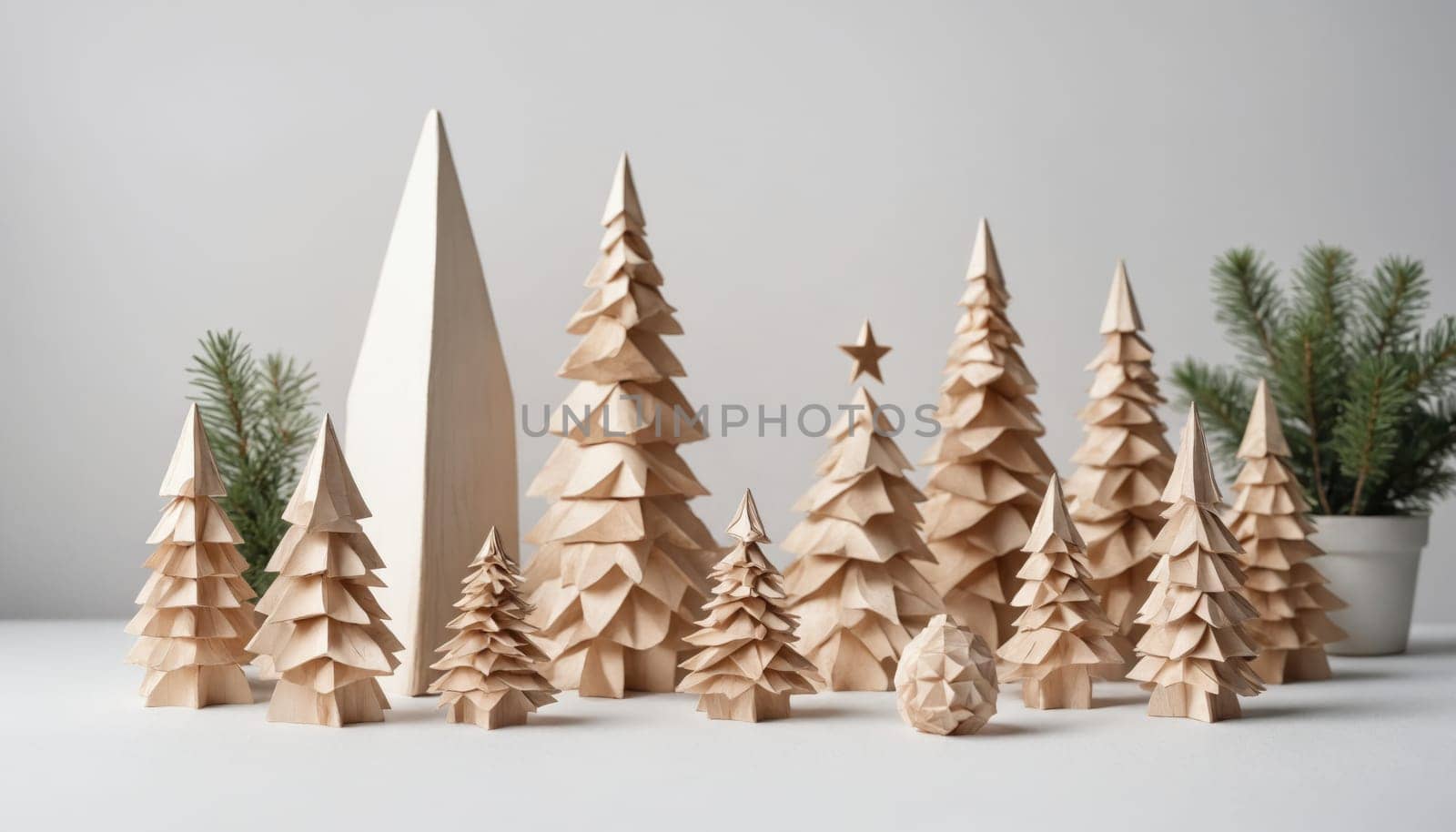 Delicate paper trees rise in a charming display, showcasing various sizes and shapes, set against a simple backdrop. The scene exudes a serene, festive ambiance, perfect for winter.