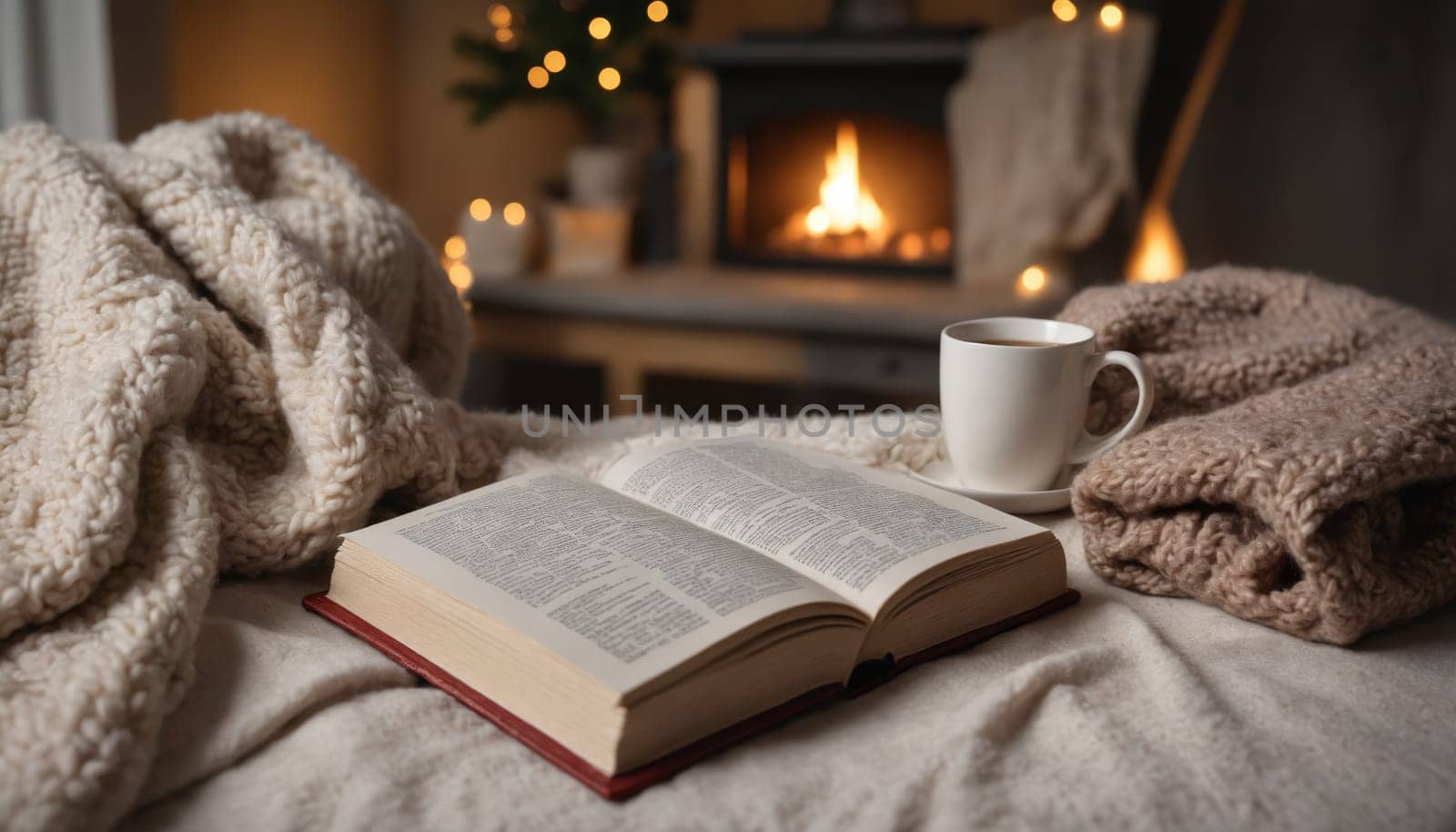 Nestled in a soft blanket, a well-loved book lies open beside a steaming cup of tea, creating a warm retreat by the glowing fireplace on a chilly afternoon.