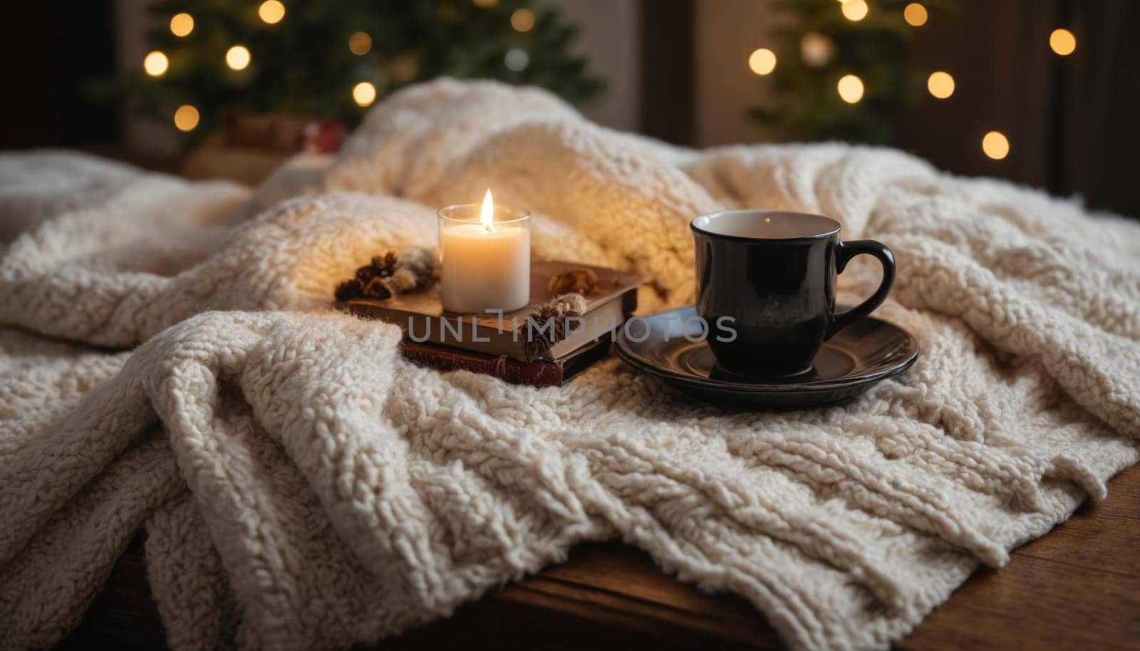 Nestled in a soft blanket, a well-loved book lies open beside a steaming cup of tea, creating a warm retreat by the glowing fireplace on a chilly afternoon.