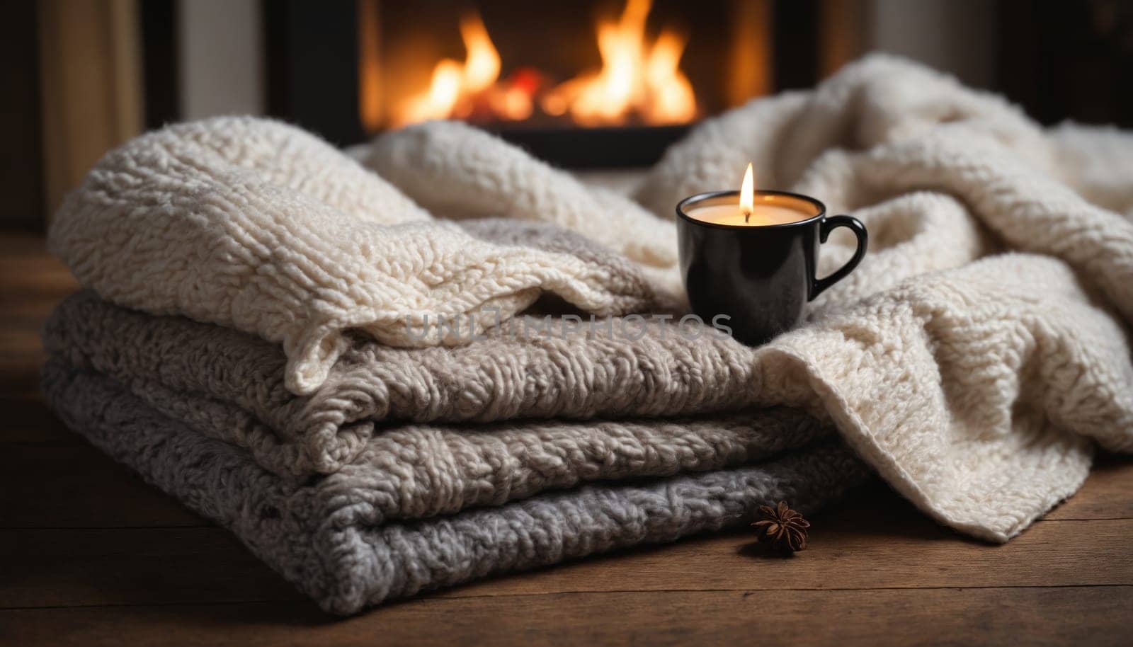 A serene setting featuring layered soft blankets beside a flickering fireplace. A black mug filled with a glowing candle adds a touch of warmth, inviting relaxation.