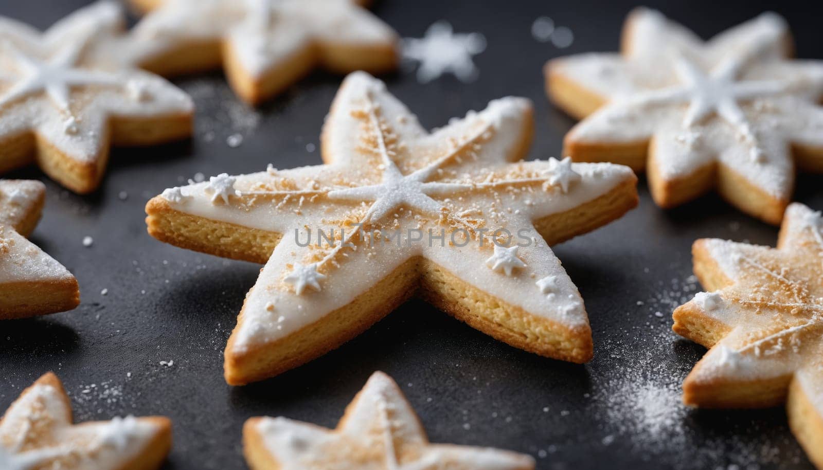 A charming array of star-shaped cookies lies sprinkled with powdered sugar, showcasing their golden brown edges and intricate designs, perfect for holiday celebrations.
