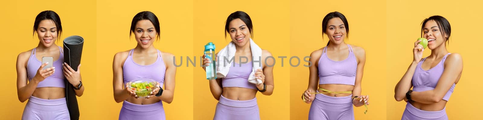 A young woman in activewear smiles while holding a yoga mat, fresh salad, water bottle, and lemon. She embodies a vibrant and healthy lifestyle, promoting fitness and well-being.