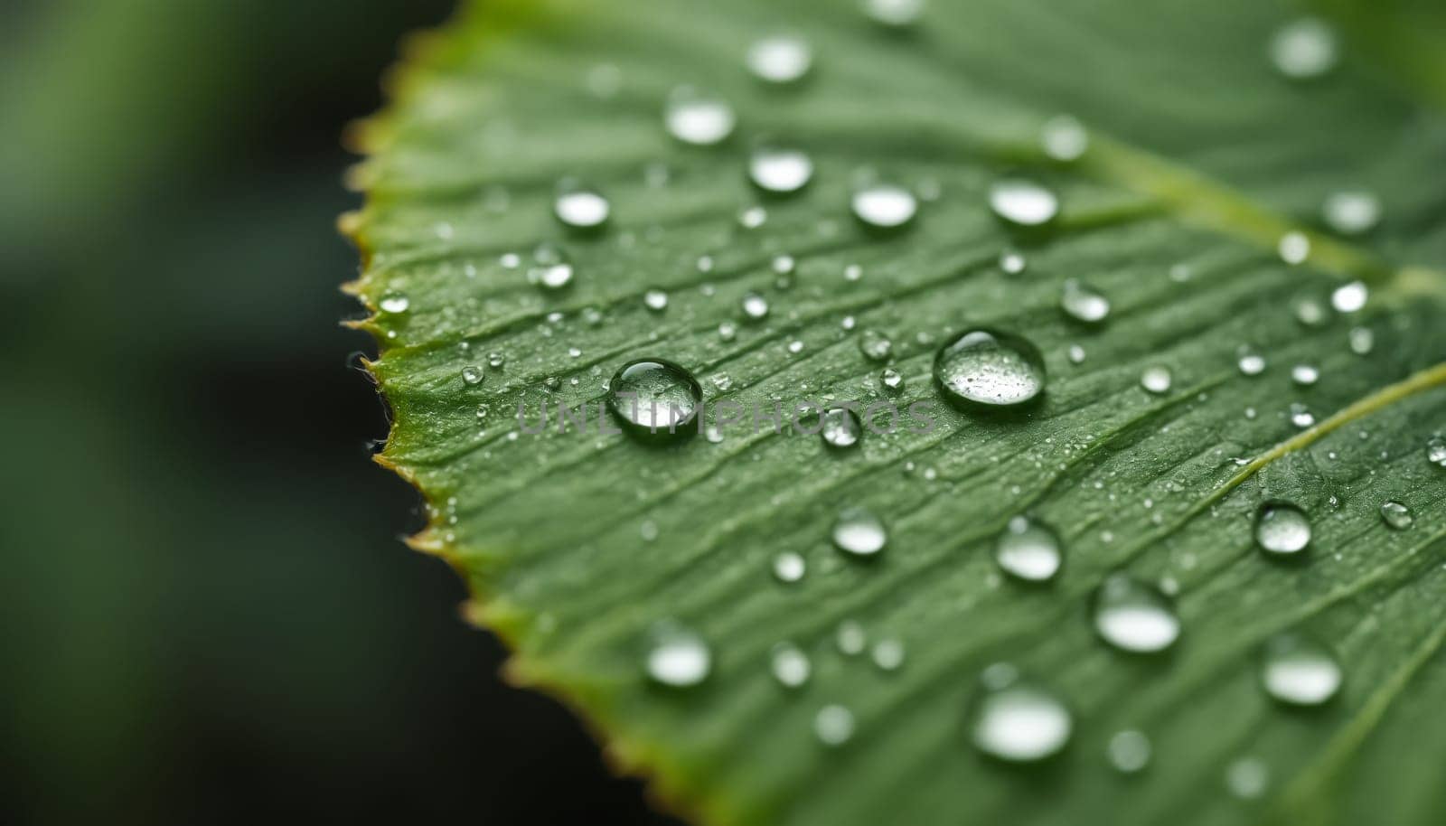 Fresh droplets of water rest on a lush green leaf, reflecting light in a serene atmosphere, showcasing the beauty of nature's details at dawn.