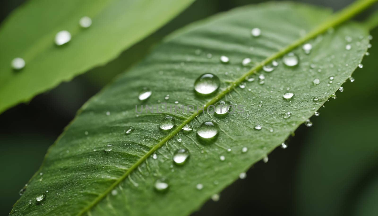 In the early morning light, a vibrant green leaf sparkles with glistening droplets that have settled after a gentle rainfall, creating a serene and refreshing atmosphere.