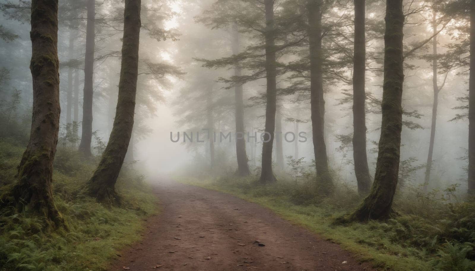 A tranquil pathway meanders through a dense forest, enveloped in soft mist. Towering trees stand majestically, casting a peaceful atmosphere in the early morning light.
