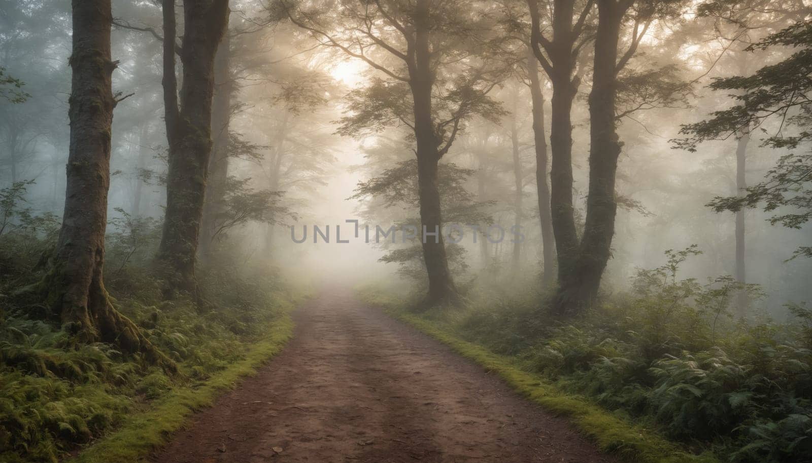 A solitary dirt path winds through an enchanting forest, where fog gently envelops the trees and soft light filters through the branches, creating an atmosphere of peace.