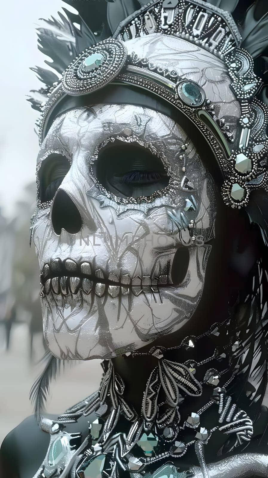 A detailed monochrome sculpture of a person wearing a skull mask, showcasing intricate jaw and bone structure artistry