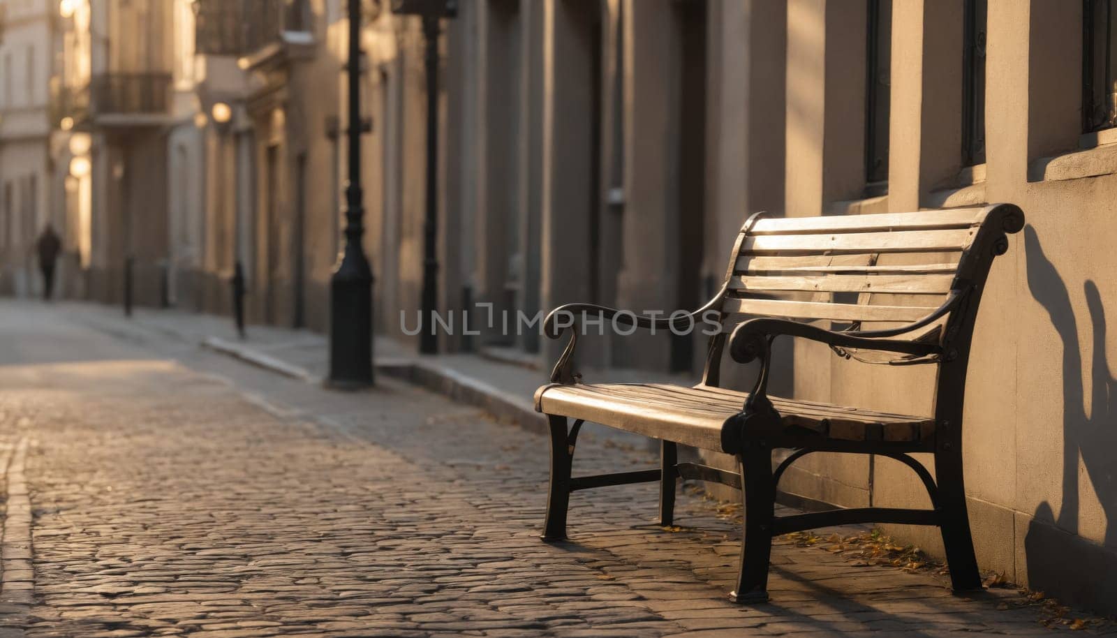A solitary bench sits quietly on a cobblestone street, illuminated by the warm golden light of sunset, inviting moments of reflection amid the calm ambiance of the neighborhood.