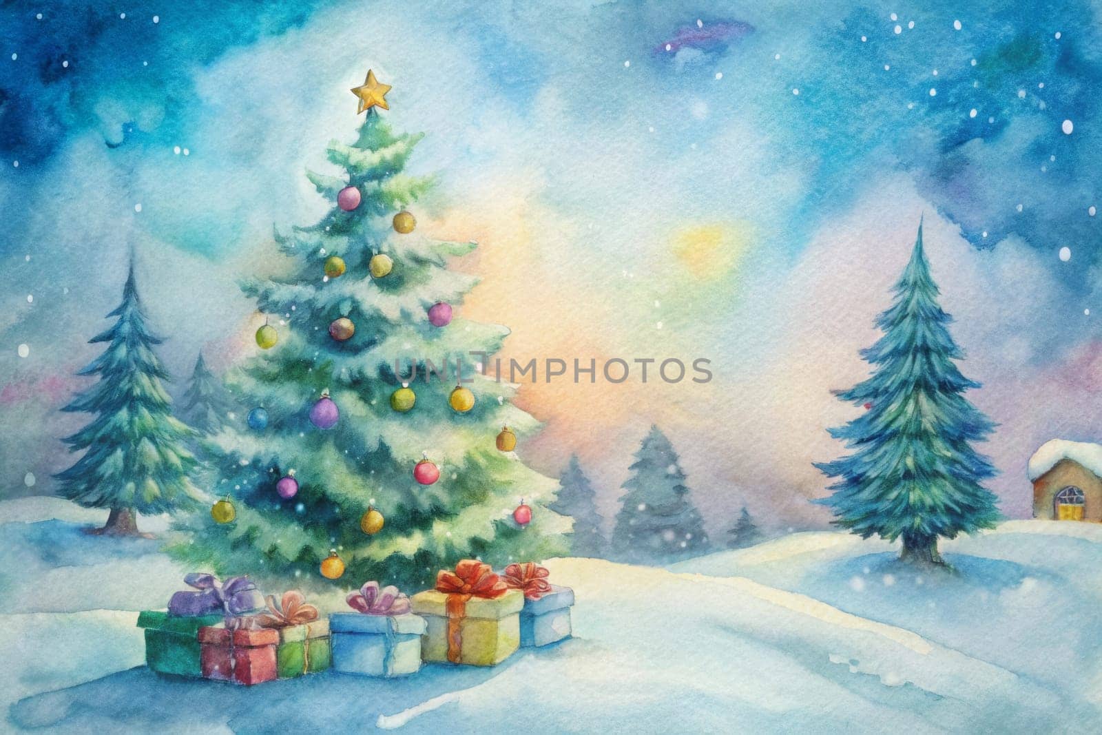 Amidst a quiet winter wonderland, a vibrant Christmas tree adorned with ornaments stands proudly, surrounded by brightly wrapped gifts and snow-laden evergreens under a soft twilight glow.