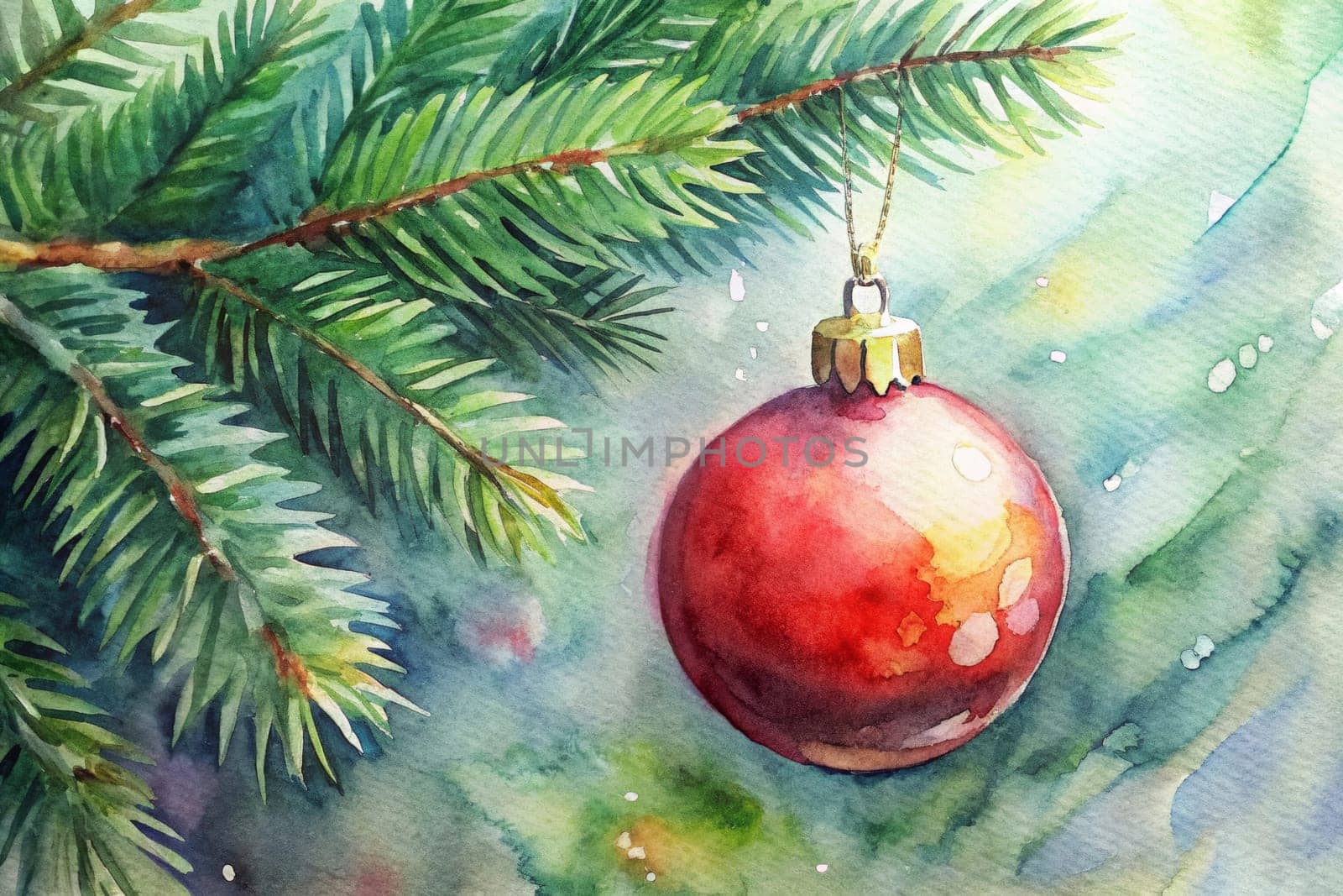 A beautiful red ornament dangles from a lush pine branch, surrounded by soft hues of blue and green, evoking the warmth of holiday celebrations.