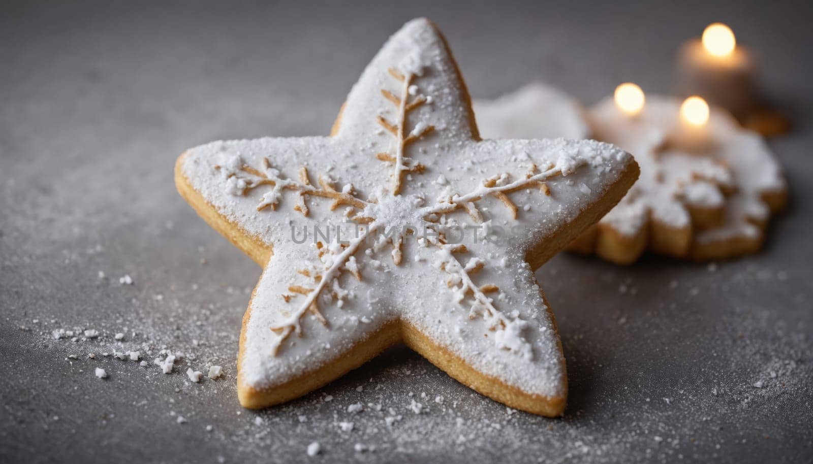 The star-shaped cookie sits elegantly on a soft surface, adorned with powdered sugar and intricate designs, exuding a warm festive charm perfect for holiday gatherings.