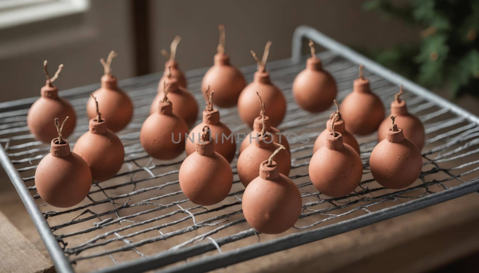 A series of handmade clay ornaments gracefully dangle from a simple wire, showcasing warm earthy colors and a unique textured design, inviting seasonal cheer.