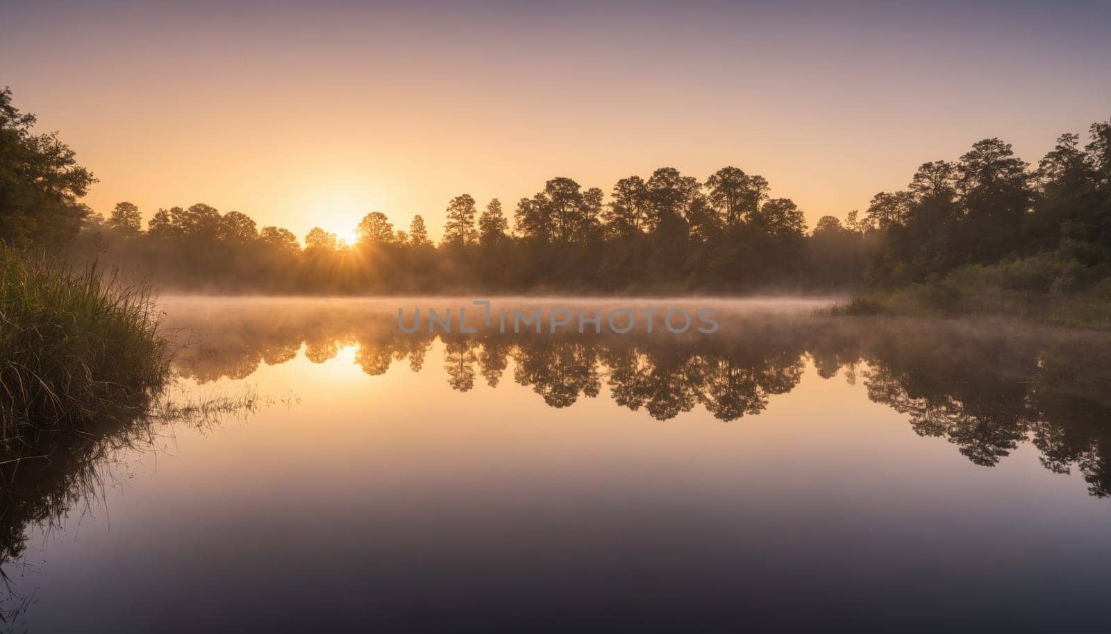 As the sun begins to rise, soft golden light filters through the mist over a calm lake, reflecting perfectly on the water’s surface amid lush greenery.