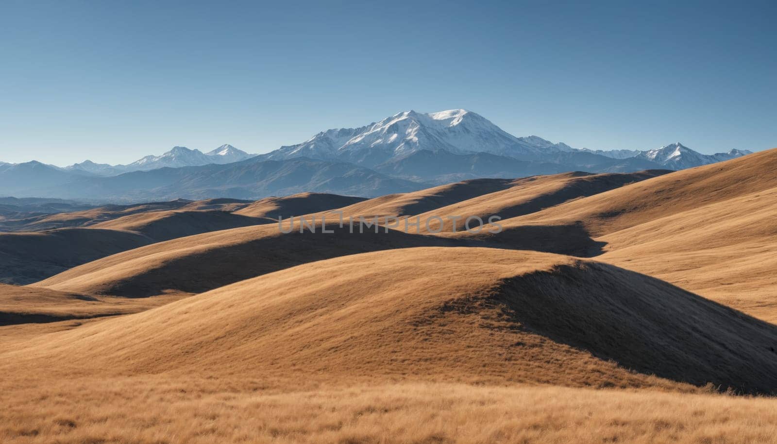Golden grasses blanket the rolling hills as majestic mountains rise in the distance, illuminated by the soft glow of morning sunlight against a pristine blue backdrop.