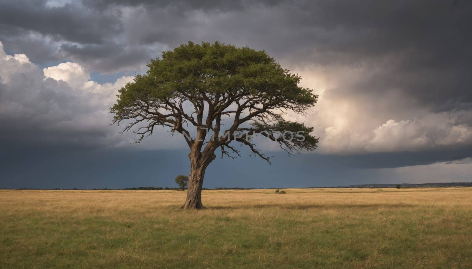 Beneath a swirling expanse of dark clouds, a lone oak tree rises from a vast, grassy field, embodying resilience as twilight approaches and nature showcases its grandeur.