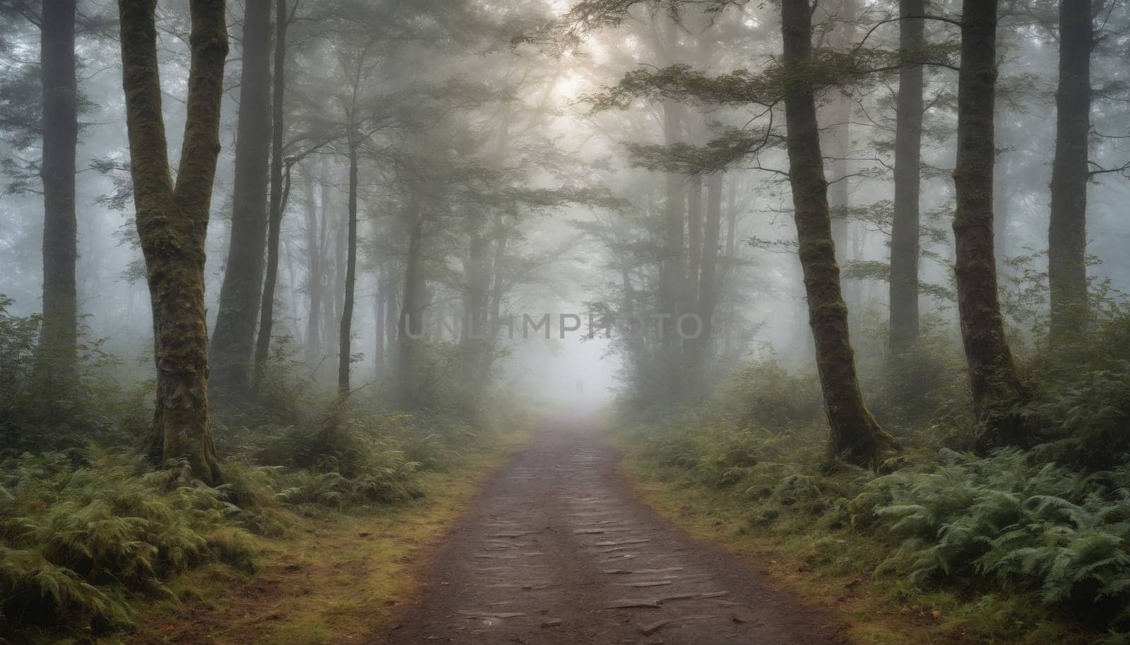 A solitary dirt path winds through an enchanting forest, where fog gently envelops the trees and soft light filters through the branches, creating an atmosphere of peace.