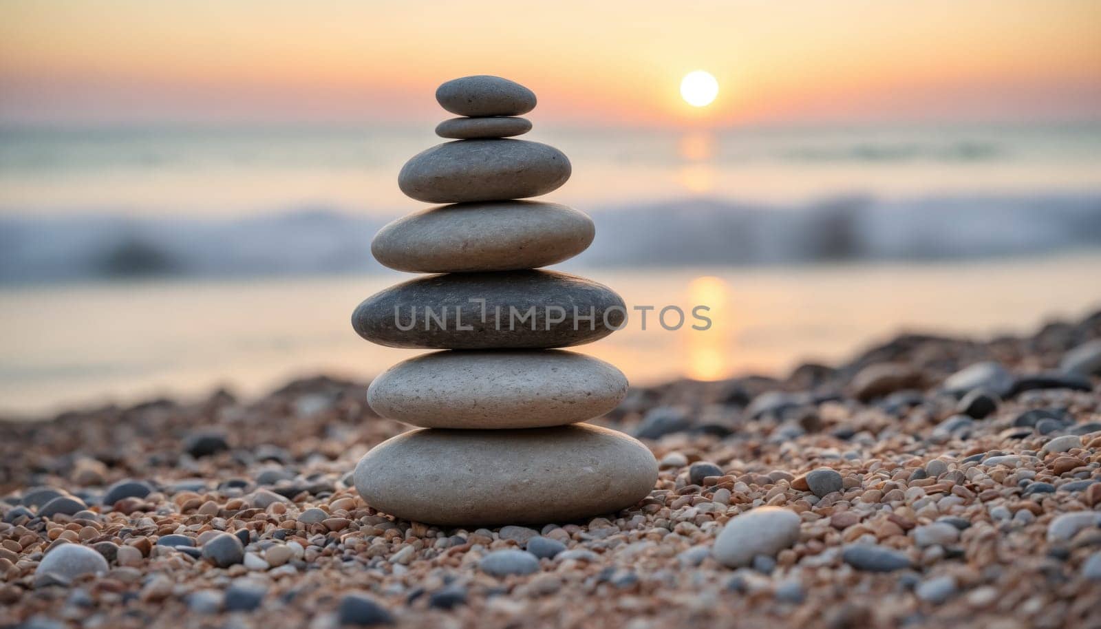 A delicate arrangement of smooth stones stands majestically on a sandy beach, harmonizing with the gentle waves and radiant sunset, embodying peace and balance.