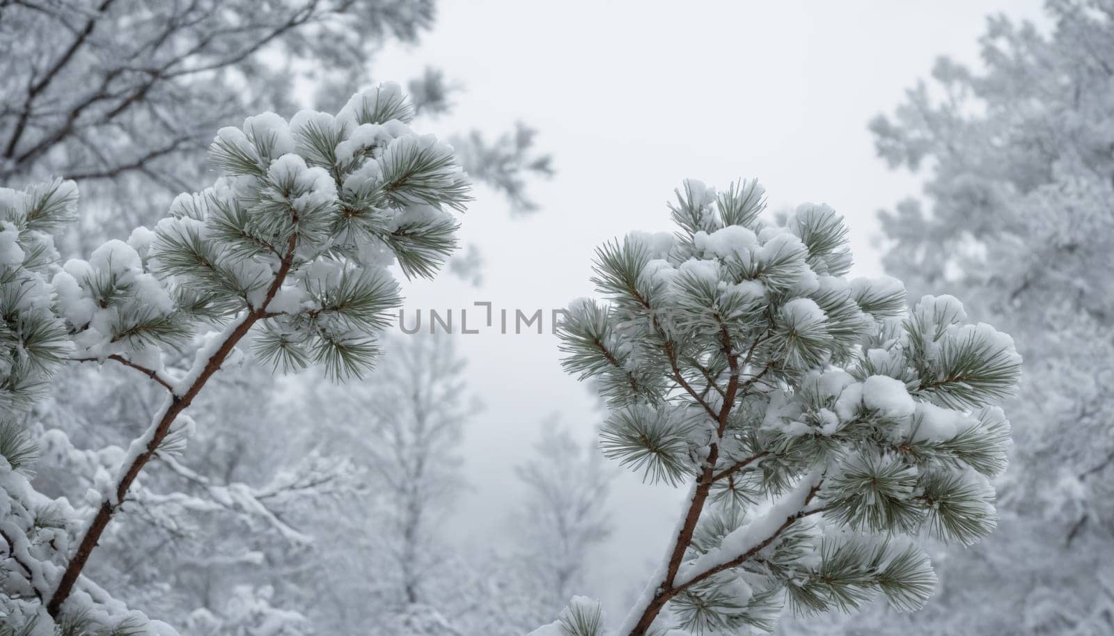 In the early light of dawn, snow-laden pine branches reach gracefully towards the cool winter sky, creating a serene and tranquil atmosphere in the forest.