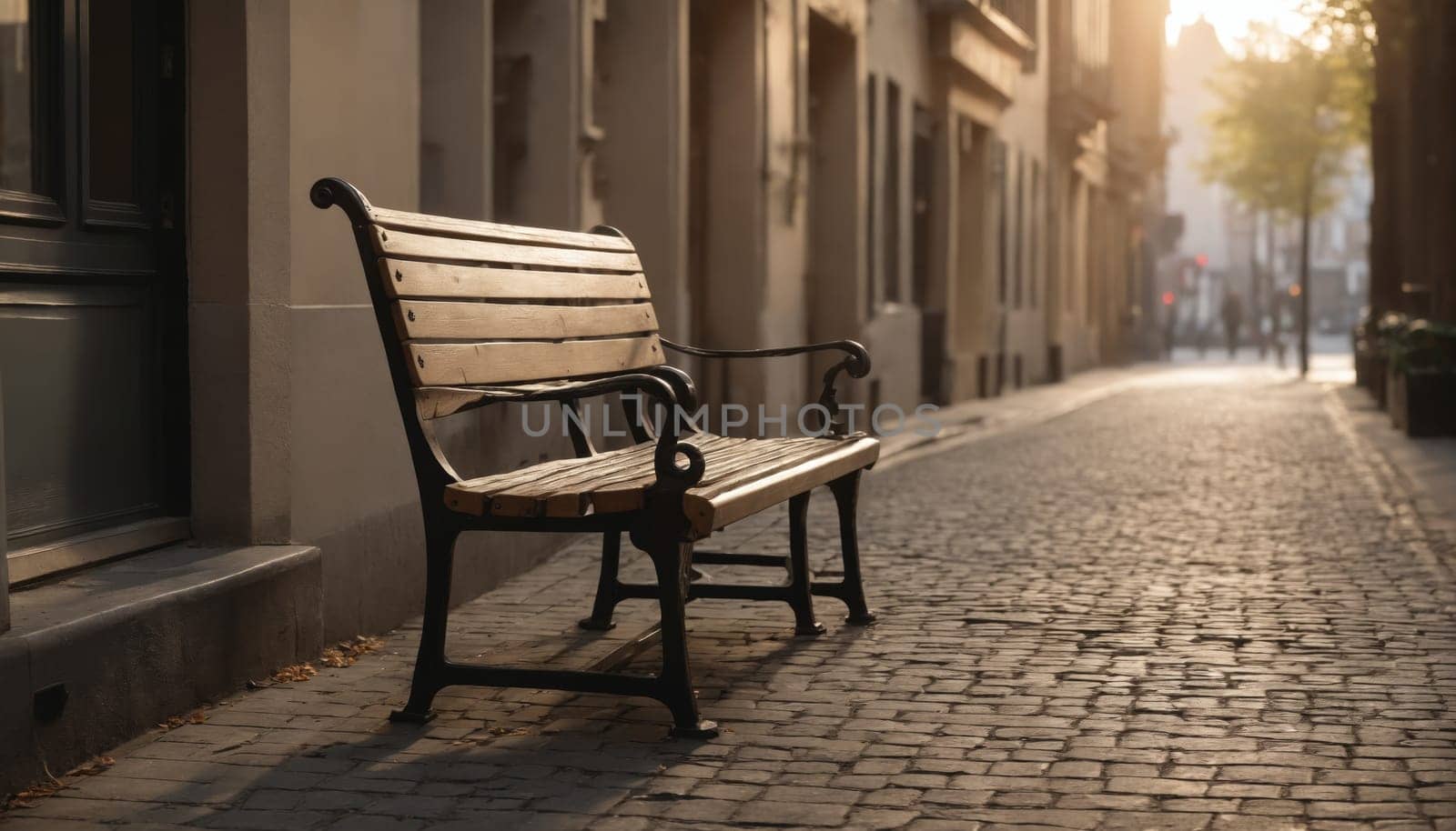 A solitary bench sits quietly on a cobblestone street, illuminated by the warm golden light of sunset, inviting moments of reflection amid the calm ambiance of the neighborhood.