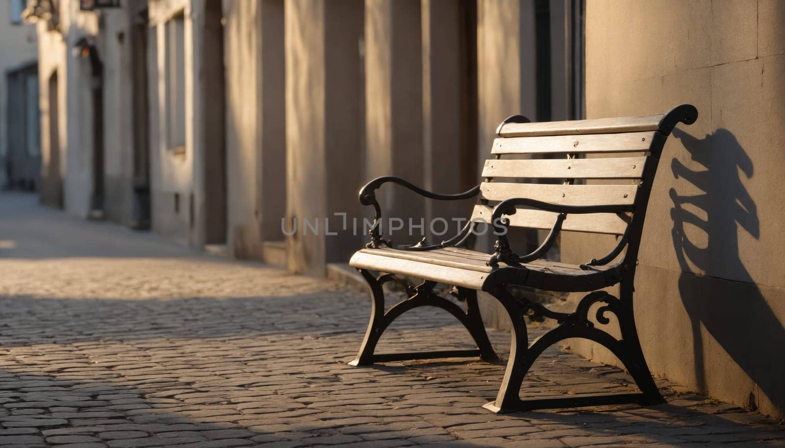 A solitary bench sits quietly on a cobblestone street, illuminated by the warm golden light of sunset, inviting moments of reflection amid the calm ambiance of the neighborhood.