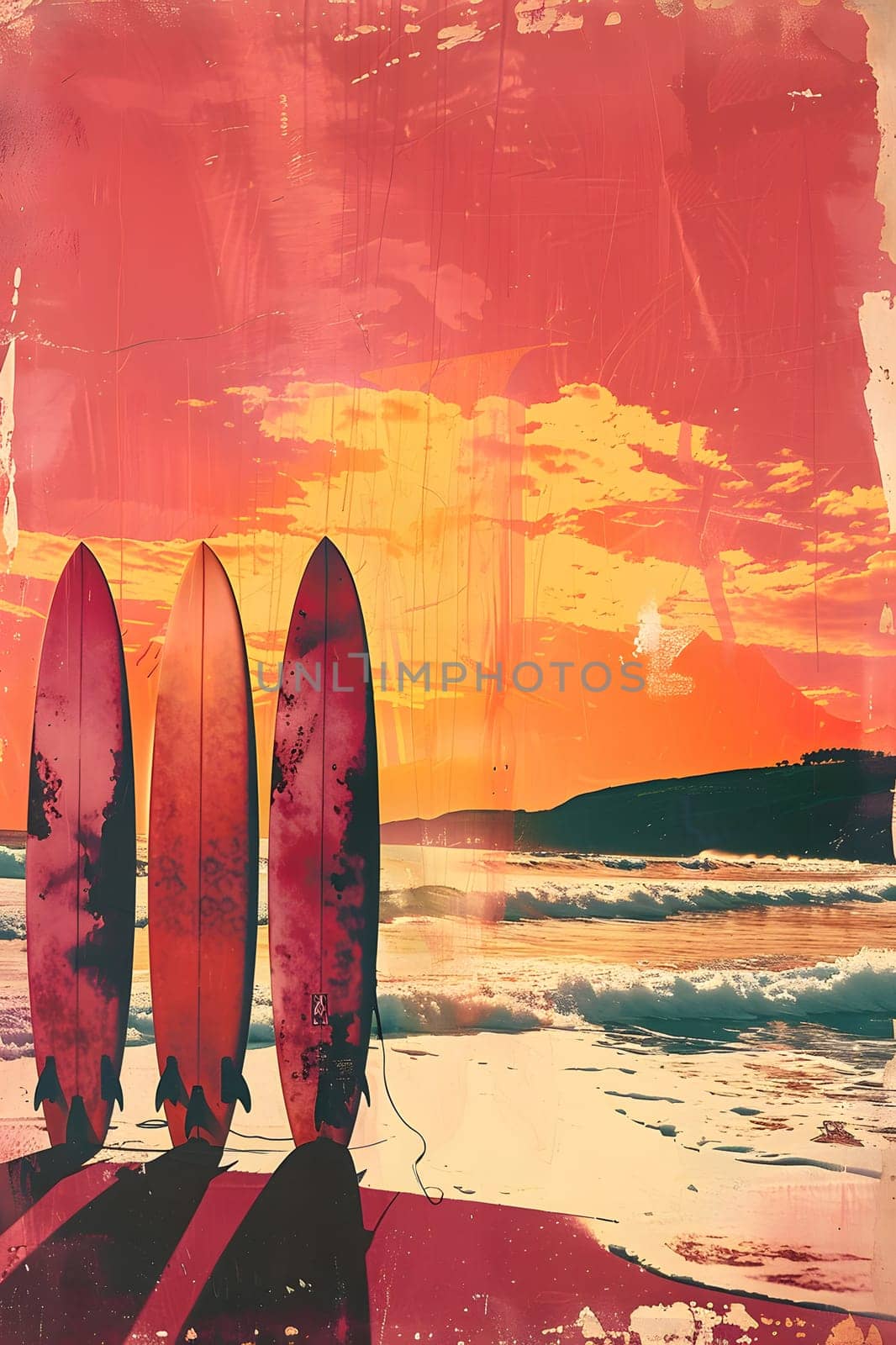 A stunning painting of three colorful surfboards resting on a sandy beach at sunset, with a beautiful sky filled with tints and shades reflecting on the water and horizon