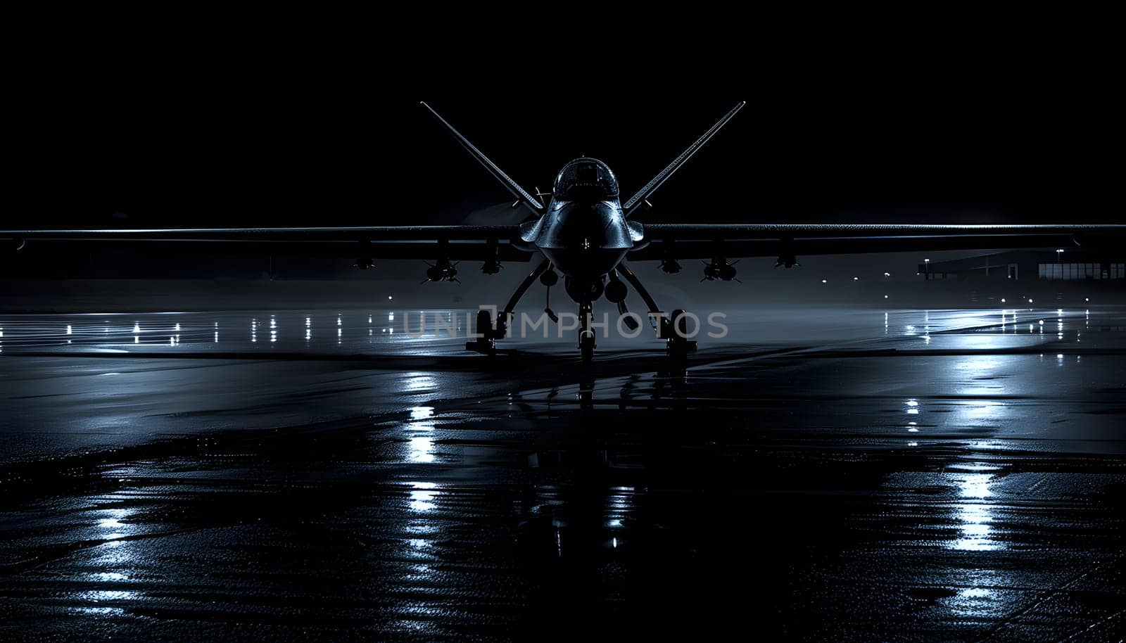 A fighter jet sits on a wet runway under the night sky. The warm glow of automotive lighting reflects off the water, as insects and arthropods circle in the darkness