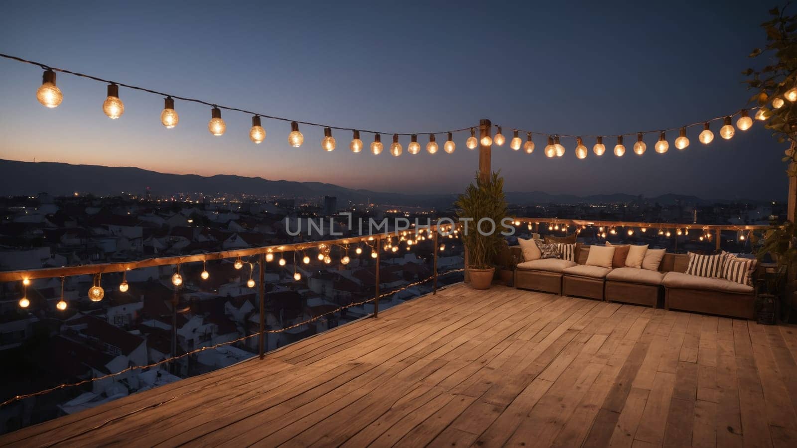 A tranquil rooftop setting with soft seating surrounded by glowing lanterns, creates an inviting atmosphere to enjoy the stunning sunset and city skyline in the fading light of the evening.