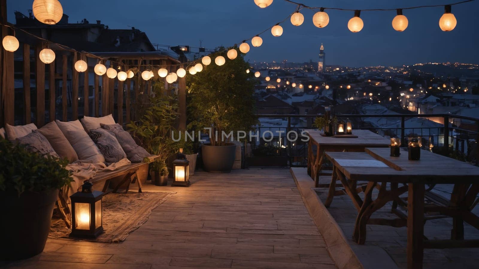Twinkling string lights cast a warm glow over a peaceful rooftop garden, while the city skyline fades into the dusk. A serene moment as the sun sets behind distant hills.