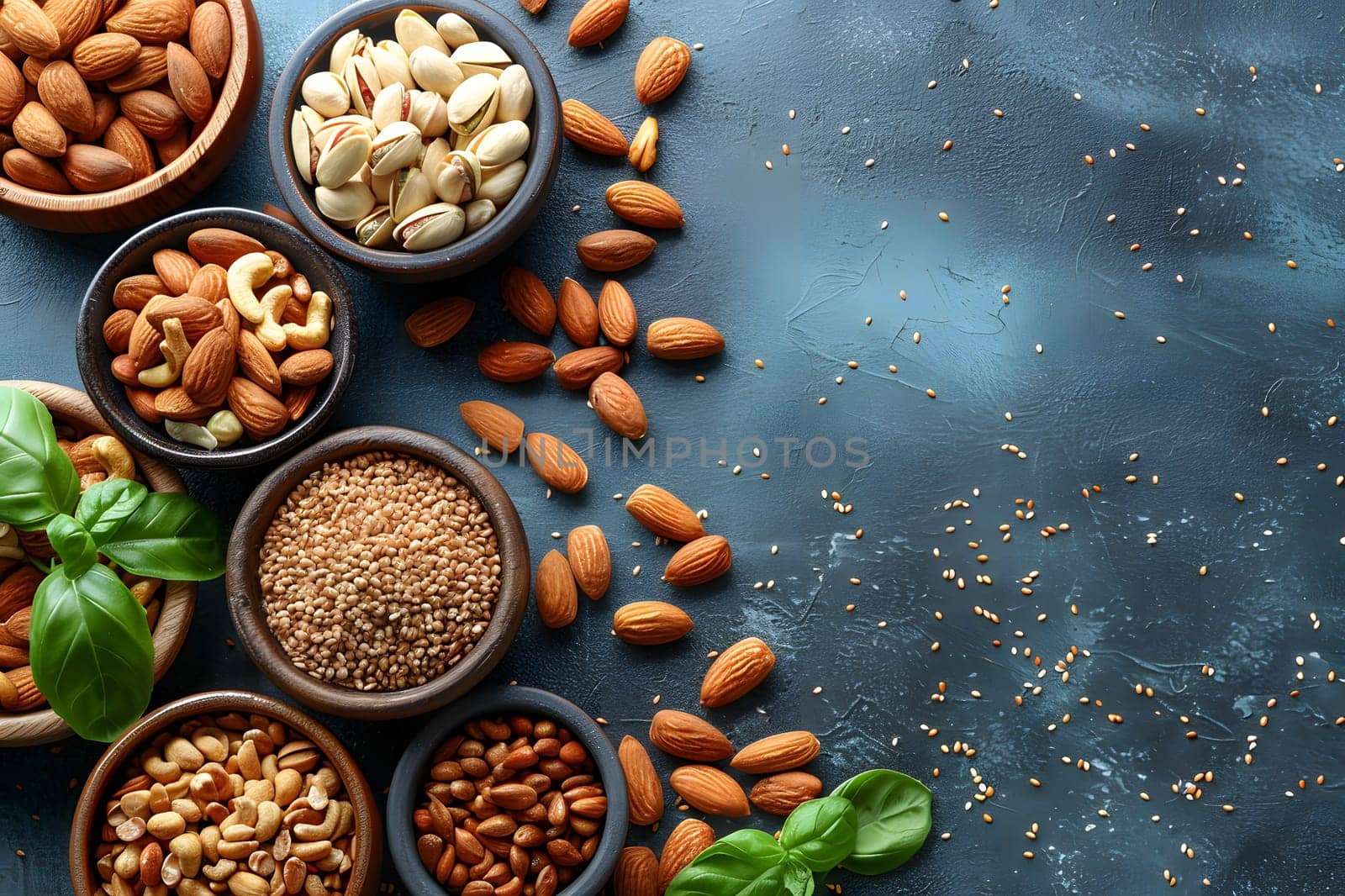 A variety of nuts and seeds, natural foods packed with nutrients, displayed in bowls on a table. These plantbased ingredients can be used in recipes to create delicious dishes in different cuisines