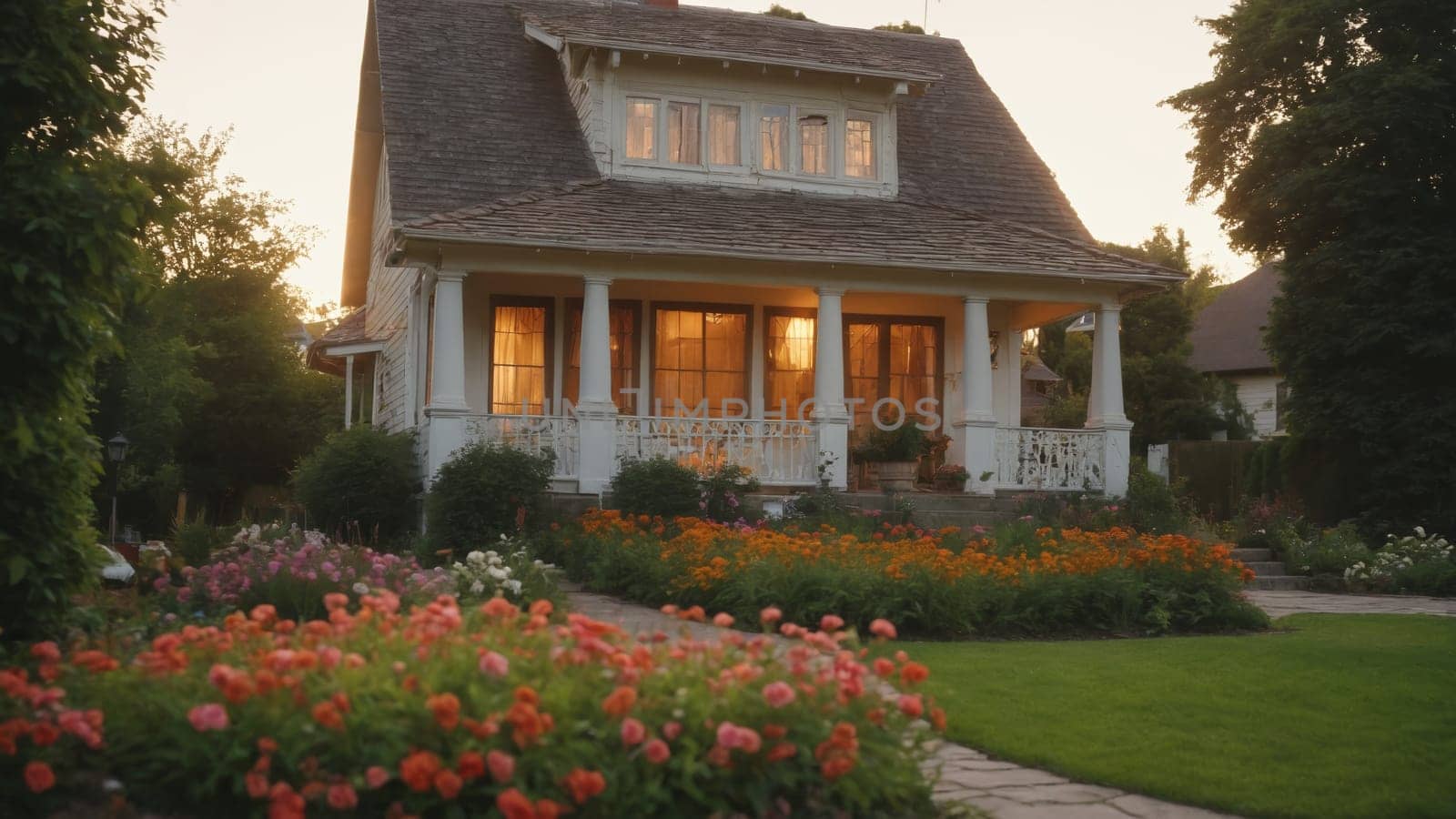 A quaint country house stands proudly, framed by vibrant flower beds as the sun sets, casting a warm glow on the manicured lawn and inviting atmosphere of the neighborhood.