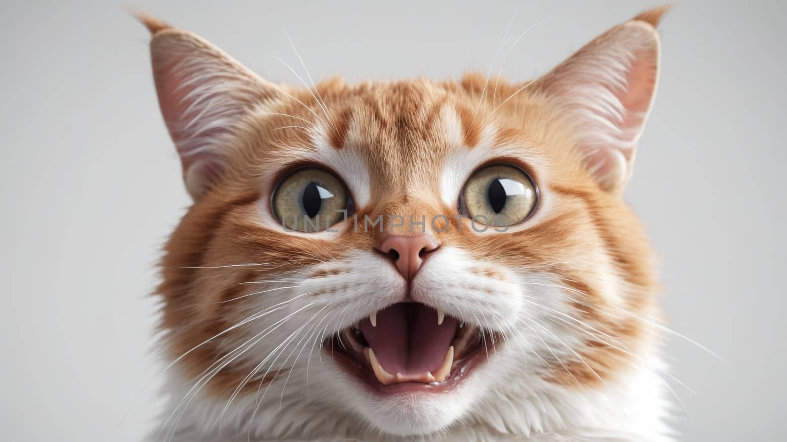 This energetic orange feline showcases a lively expression, revealing its sharp teeth and bright blue eyes, embodying a sense of curiosity and mischief that draws in viewers.
