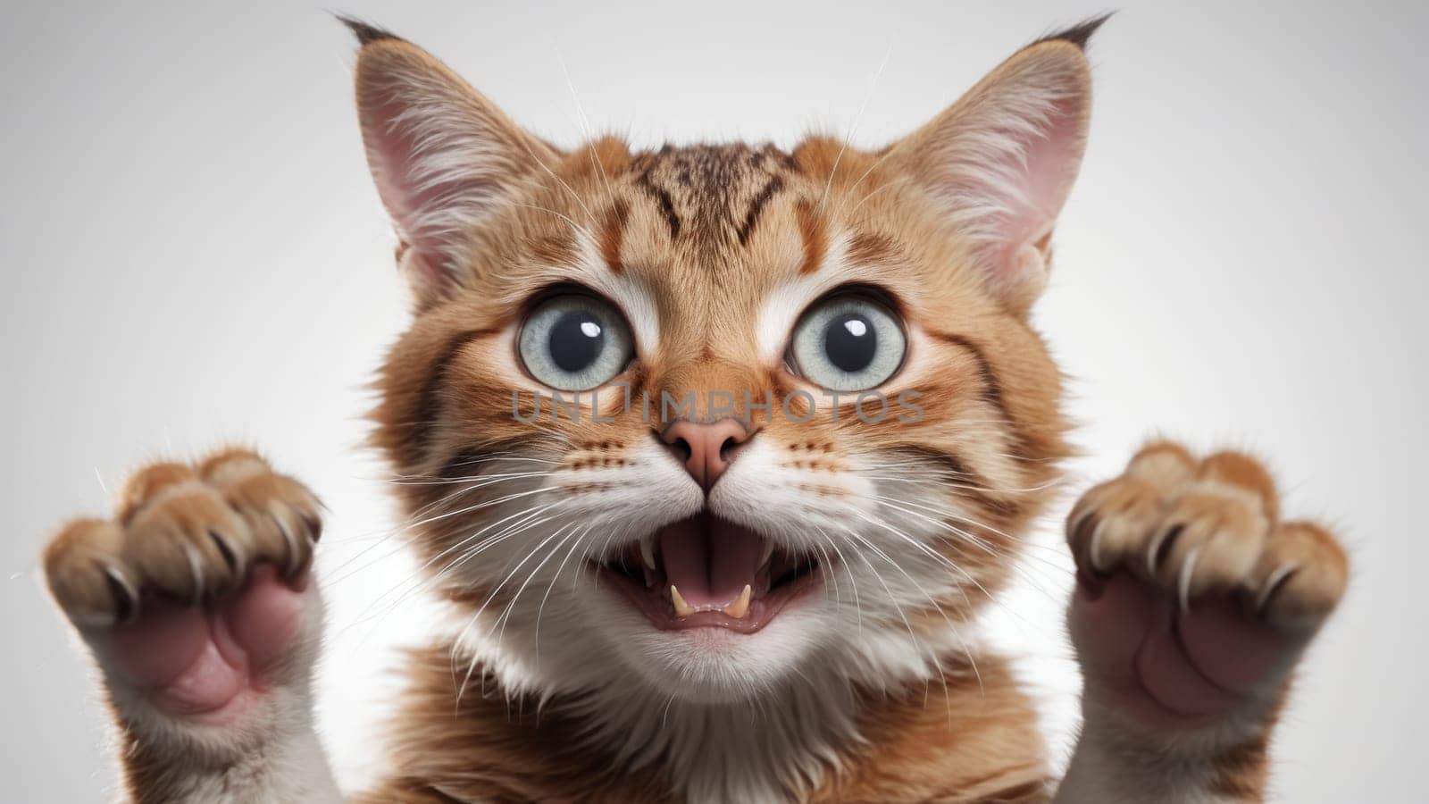 This playful tabby cat, with striking blue eyes and a joyful expression, raises its paws as if inviting interaction, illuminating the room with its energetic charm and endearing presence.