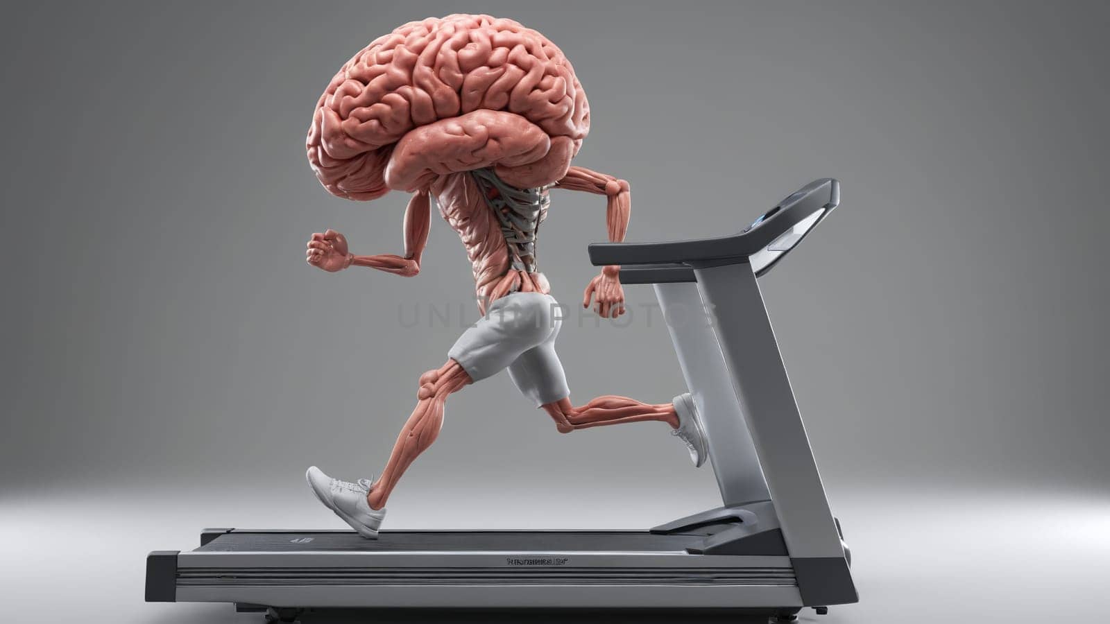 A vivid illustration shows a brain with muscular arms and legs energetically sprinting on a treadmill, symbolizing the fusion of intellect and physical fitness.