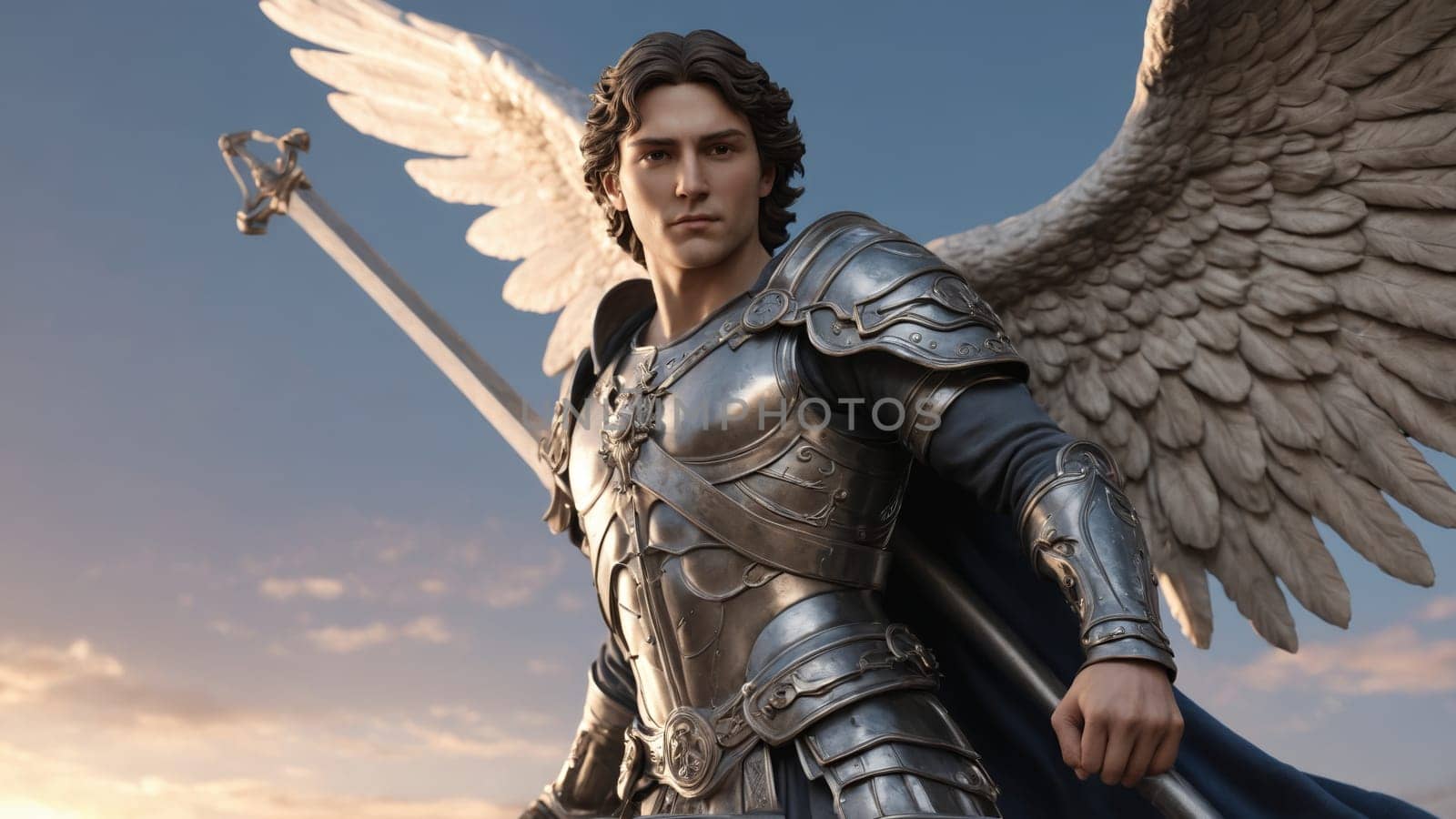 A stunning portrayal of a powerful angelic figure, adorned in intricate armor, with majestic wings spread wide. This masterpiece captures a timeless blend of peace and strength, evoking awe.